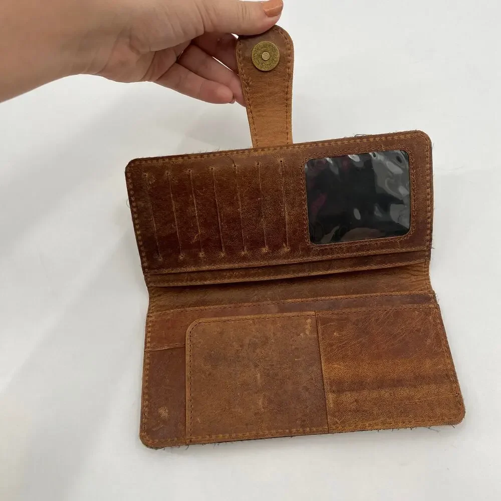 Tooled Leather and Cow Hide Western Bifold Wallet
